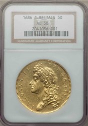 最高鑑定 1686年 英国 ジェームス2世5ギニー金貨 NGC AU58