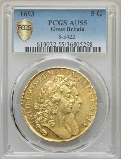 1693年 英国 ウィリアム＆メアリー 5ギニー金貨 PCGS AU55