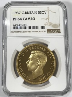 通常200万円前後 1937年 英国 ジョージ6世5ポンドプルーフ金貨 NGC PF64 CAMEO