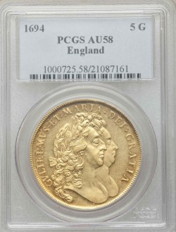PCGS最高鑑定 1694年 英国 ウィリアム＆メアリー5ギニー金貨 PCGS AU58