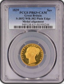 単品最高鑑定 1839年 英国 ヤングヴィクトリア ソブリンプルーフ金貨 PCGS PR63+CAMEO Plain Edge Medal Alignment