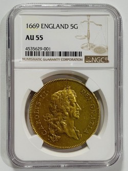 PCGSとNGC合わせて最高鑑定 1669年 英国 チャールズ2世 5ギニー金貨 NGC AU55