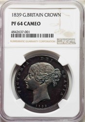 1839 英国 ヤング・ヴィクトリア プルーフクラウン銀貨 NGC PF64 CAMEO