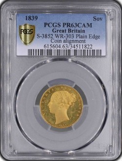 1839年 英国 ヤング ヴィクトリア女王 プルーフソブリン金貨 Coin Alignment PCGS PR63 CAMEO