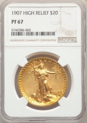 1907年 米国 セントゴーデンズ ハイリリーフ金貨 NGC PF67