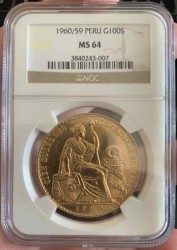 1960/59年 ペルー 女神坐像 100ソル金貨 NGC MS64