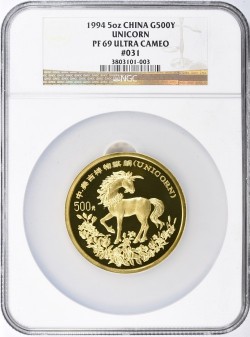 中国金貨でおそらく一番人気 1994年 中国 ユニコーン 5オンスプルーフ金貨 NGC PF69UC