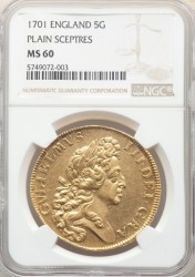 1701 英国 ウィリアム3世 5ギニー金貨 NGC MS60