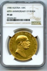 1908年  オーストリア 100コロナ 雲上の女神プルーフ金貨 NGC PF60