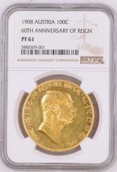 1908年 オーストリア 雲上の女神 100コロナプルーフ金貨 NGC PF61