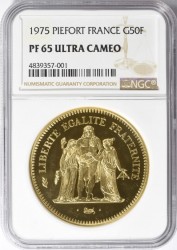 発行わずか74枚 1975年 フランス 50フラン ヘラクレス立像 ピエフォー金貨 NGC PF65 Ultra Cameo