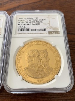 最高鑑定 UC単独1枚 1872年 ドイツ ヨハン王金婚式記念 2ターラー金貨（金打ち Gold Off Metal）48.70グラム NGC PF63 Ultra Cameo