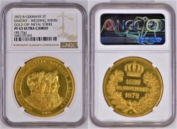 最高鑑定 UC単独1枚 1872年 ドイツ ヨハン王金婚式記念 2ターラー金貨（金打ち Gold Off Metal）48.70グラム NGC PF63 Ultra Cameo