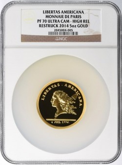1776年 (2014年リストライク) Libertas Americana 5オンス大型ゴールドメダル NGC PF70 Ultra Cameo High Relief