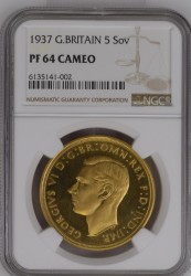 PF64 CAMEOだと最安値？ 1937年 英国 ジョージ6世 5ポンドプルーフ金貨 NGC PF64 CAMEO