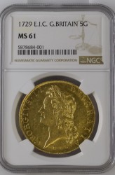 1729年 イギリス ジョージ二世 東インド会社 5ギニー金貨 NGC MS61 1729年 イギリス ジョージ二世 東インド会社 5ギニー金貨 NGC MS61