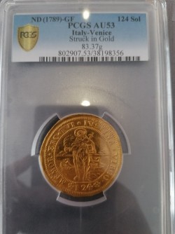 83.37グラムの超超大型金打ち金貨 1789年 イタリアーヴェニス 124 Soldi 金打ち PCGS AU53