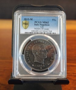 画像更新！！ 最高鑑定 2枚のみ 1812年 イタリア ミラノ ナポレオン一世 5リレ銀貨 PCGS MS62
