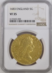 5ギニー金貨を保有したい方へ 1683年 英国 チャールズ2世 5ギニー金貨 NGC VF35