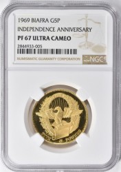 今はないビアフラ共和国 1969年 ビアフラ共和国 5ポンド金貨 独立2周年 NGC PF67UC