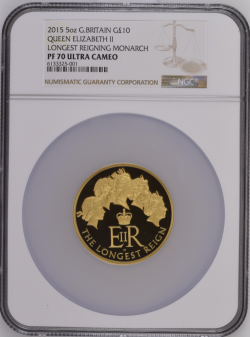 PF70UCは15枚のみ 元箱 COA付き 2015年 英国 最高在位記念 5オンス プルーフ金貨 NGC PF70UC