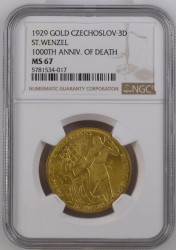 発行750枚のみ 単独2位 1929年 チェコスロバキア St. Wenzel没1000年記念 3ダカット金貨 NGC MS67