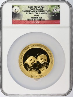 中国金貨が上がってます 鋳造100枚のみ 2014年中国パンダ5オンスゴールドメダル スミソニアン協会コラボ NGC PF70 Ultra Cameo