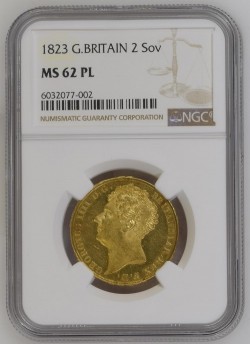  単年発行 1823年 英国 ジョージ4世2ポンド金貨 NGC MS62PL (プルーフライク）