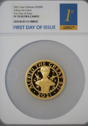 発行たったの45枚 2021年 英国 アルフレッド大王没1150年 5オンスプルーフ金貨 NGC PF70UC First Day of Issue
