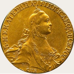 激レア 1764年CNB ロシア エカチェリーナ2世 10ルーブル金貨 首元にスカーフタイプ XF