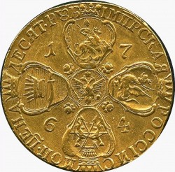 激レア 1764年CNB ロシア エカチェリーナ2世 10ルーブル金貨 首元にスカーフタイプ XF