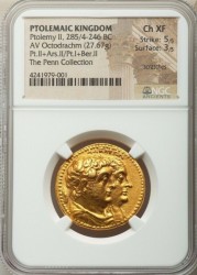 27.64グラムの古代大型金貨 紀元前 285-246年 古代エジプト プトレマイオス王国 オクトドラクマ金貨 NGC Ch XF 27.64グラムの古代大型金貨 紀元前 285-246年 古代エジプト プトレマイオス王国 オクトドラクマ金貨 NGC Ch XF