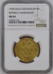 こっそりありえないほどの大幅割引 即発送 NGC, PCGS合わせても24番目の一枚 1928年 チェコスロバキア 4ダカット金貨 NGC MS64