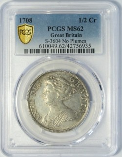 NGCでは6位、PCGSでは2位 1708年 英国 アン女王 ハーフクラウン銀貨 PCGS MS62