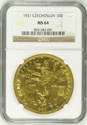 発行わずか1239枚 1931年 チェコスロバキア 10ダカット金貨 NGC MS64