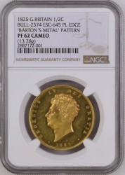 R4(11-20枚) 1825年 英国 ジョージ4世 パターン ハーフクラウン金貨（金打ち）NGC PF62 CAMEO