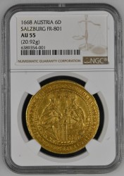 間違いなく最安値 鑑定1枚のみ 相場900万円以上 1668年 神聖ローマ帝国（オーストリア） ザルツブルク 6ダカット金貨 NGC AU55