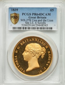 R4 最高鑑定 1839年 英国 WR-278 ウナライオン 5ポンドプルーフ金貨 PCGS PR64DCAM