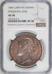 1845年 英国 ヤング・ヴィクトリア Cinquefoil Edge クラウン銀貨 NGC AU58