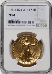 交渉してお得にご提供 珍しいプルーフ鑑定 1907年 米国 セントゴーデンズ ハイリリーフ金貨 NGC PF62