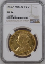 状態の良いものは少ない 1893年 英国 ヴィクトリア女王 ヴェール(オールド)ヘッド 5ポンド金貨 NGC MS62 状態の良いものは少ない 1893年 英国 ヴィクトリア女王 ヴェール(オールド)ヘッド 5ポンド金貨 NGC MS62
