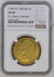 光沢がある美しい一枚 1740/39年 英国 ジョージ2世 2ギニー金貨 NGC AU58