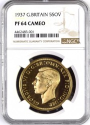 1937年 英国 ジョージ6世 5ポンドプルーフ金貨 NGC PF64 CAMEO