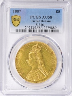 1887年 英国 ヴィクトリア女王 ジュビリー 5ポンド金貨 PCGS AU58