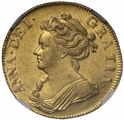 特別年・発行初年 PCGS/NGC合わせて13枚のみ 4番目 1702年 英国 アン女王 ギニー金貨 NGC AU58