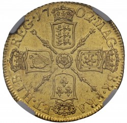 特別年・発行初年 PCGS/NGC合わせて13枚のみ 4番目 1702年 英国 アン女王 ギニー金貨 NGC AU58