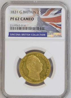 わずか225枚 1831年 英国 ウィリアム4世 2ソブリンプルーフ金貨 NGC PF62 CAMEO