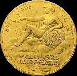 鑑定はありませんが状態の良い一枚 1908年 オーストリア 100コロナ 雲上の女神 プルーフ金貨