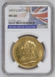 1893年 英国 ヴィクトリア女王 ヴェール（オールド）ヘッド 5ポンド金貨 NGC MS60