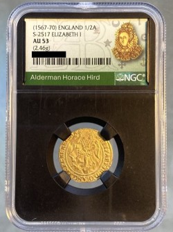 R7 最高鑑定 現存2枚 1567-70年 英国 エリザベス1世 ハーフエンジェル金貨 NGC AU53 R7 最高鑑定 現存2枚 1567-70年 英国 エリザベス1世 ハーフエンジェル金貨 NGC AU53